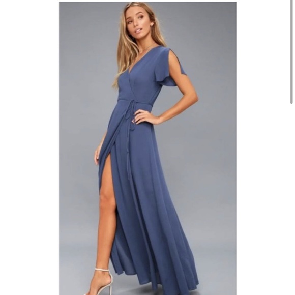 Lulu's Heart of Marigold Wrap Dress Size Medium Blue Maxi Rayon Split Sleeve - Picture 1 of 4
